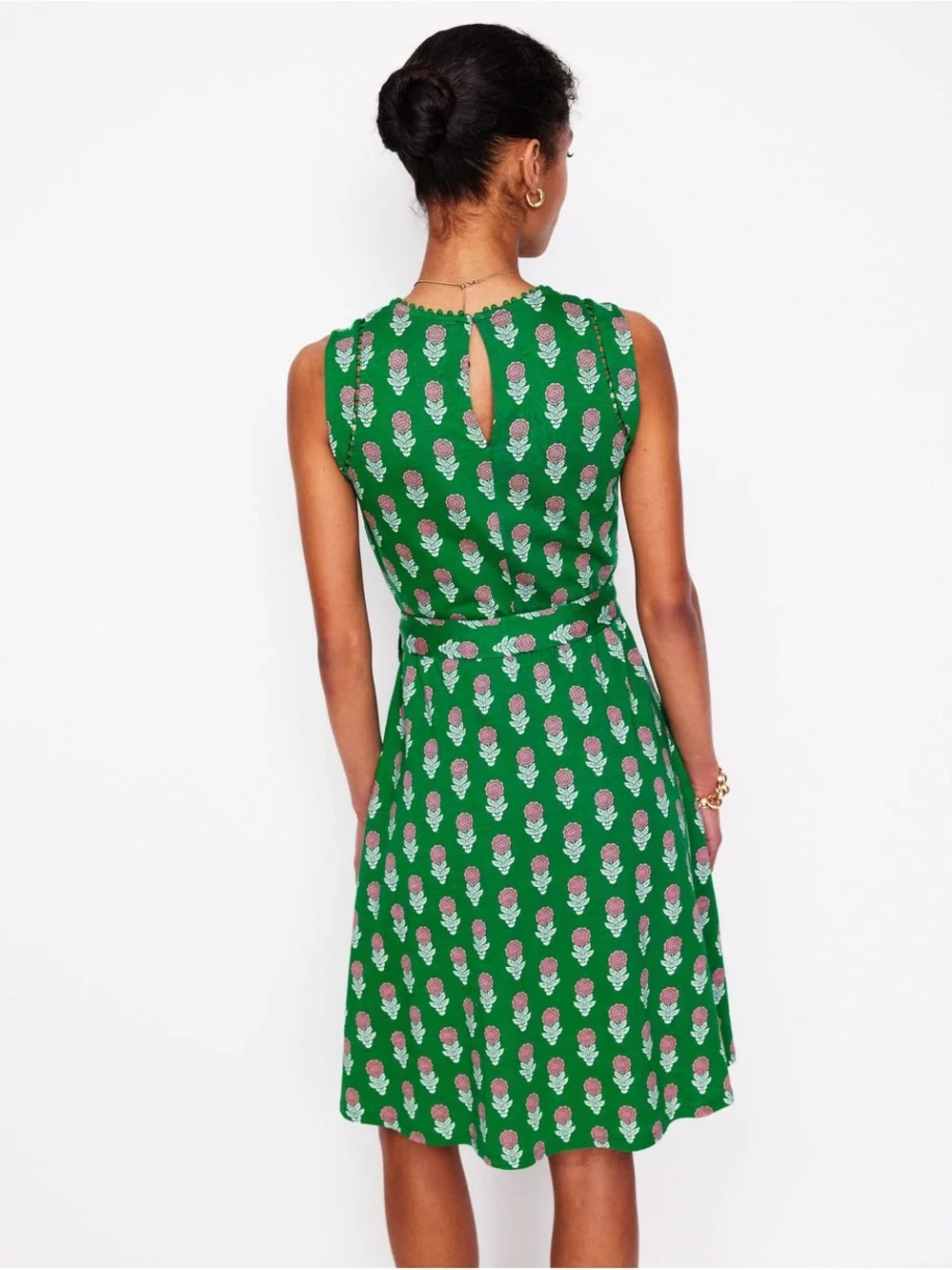 Boden Green Floral Tie-Waist Sleeveless Dress - Picture 3 of 9